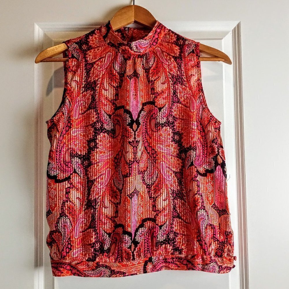 Talbots Pink Fuchsia Paisley Sheer Silk Sleeveless High-Neck Top